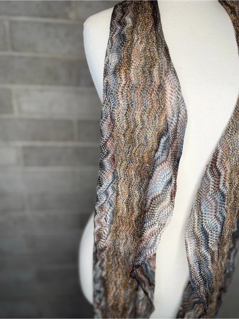 Zigzag Open Knit Scarf Shawl Wrap Brown Gray Orange Fringe Boho Lightweight